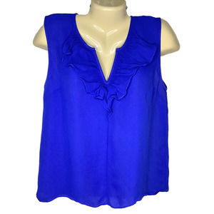 Kate Spade Top Womens 14 Blue Ruffle Front Sleeveless Split Neck Pullover Career